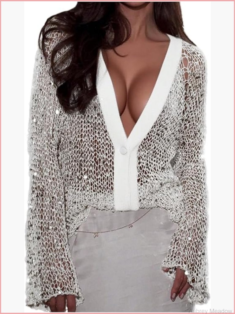 Sequin Crochet Cardigan Button Up Sheer Sparkly Cardigan Sweater